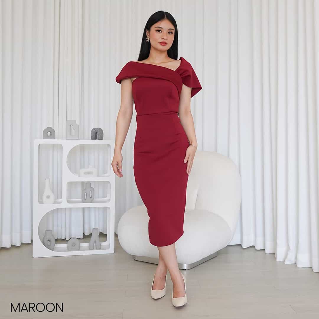 Asymmetric Shoulder Midi Dress Ponelia