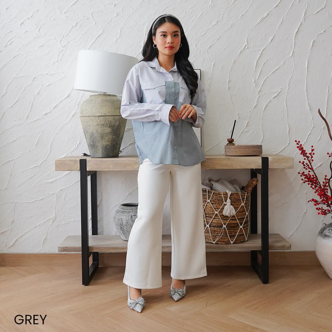 Kemeja Garis Oversized Kombinasi Denim Yoki