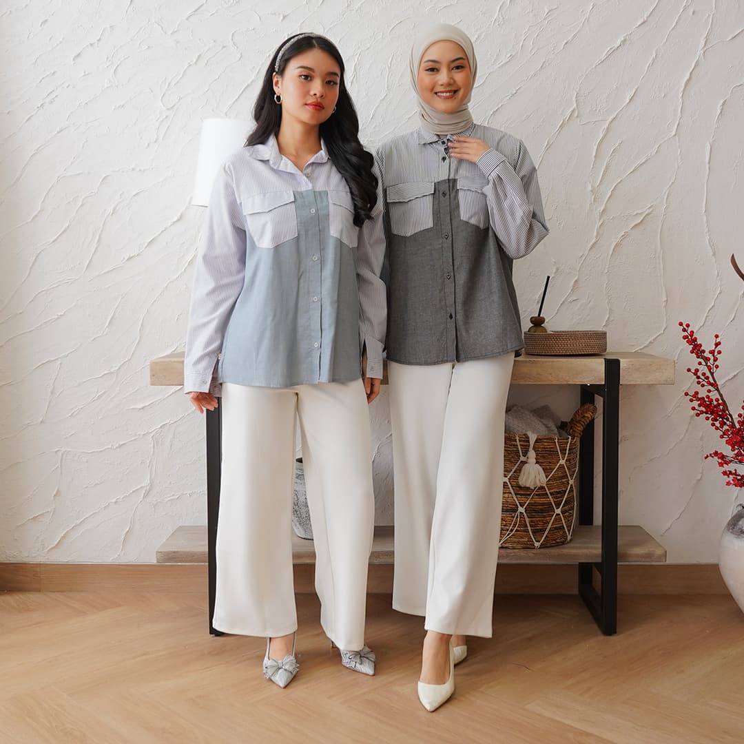 Kemeja Garis Oversized Kombinasi Denim Yoki