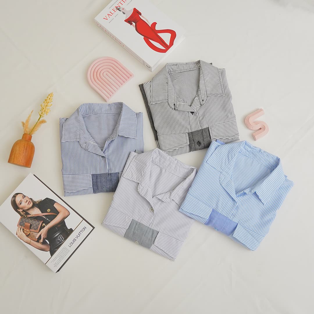 Kemeja Garis Oversized Kombinasi Denim Yoki