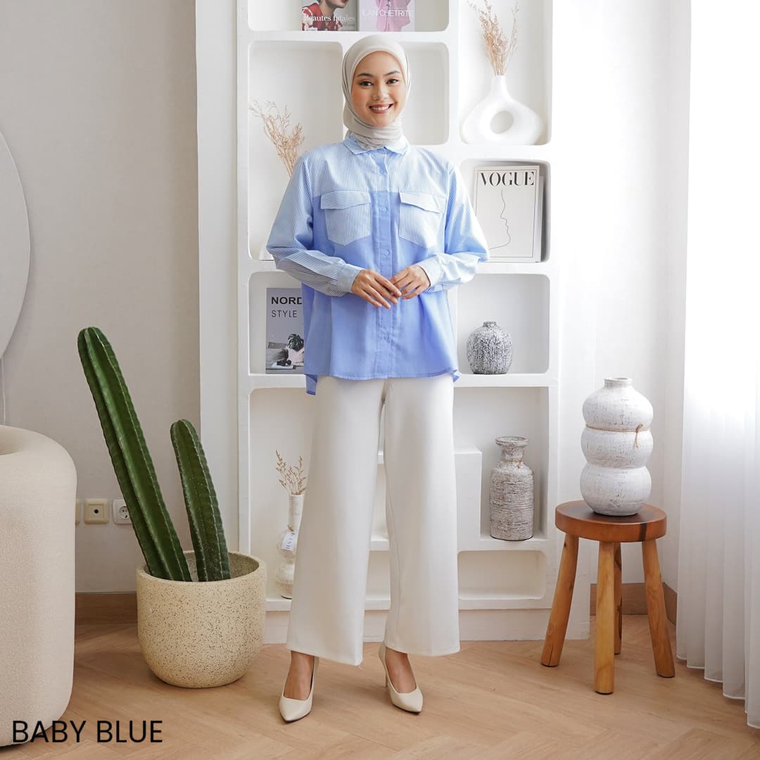 Kemeja Garis Oversized Kombinasi Denim Yoki