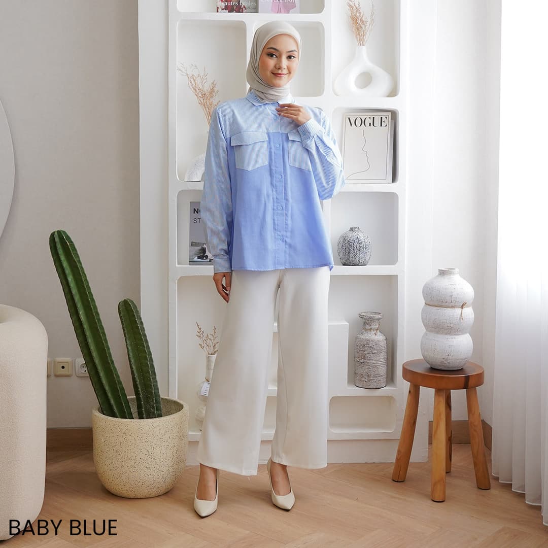 Kemeja Garis Oversized Kombinasi Denim Yoki
