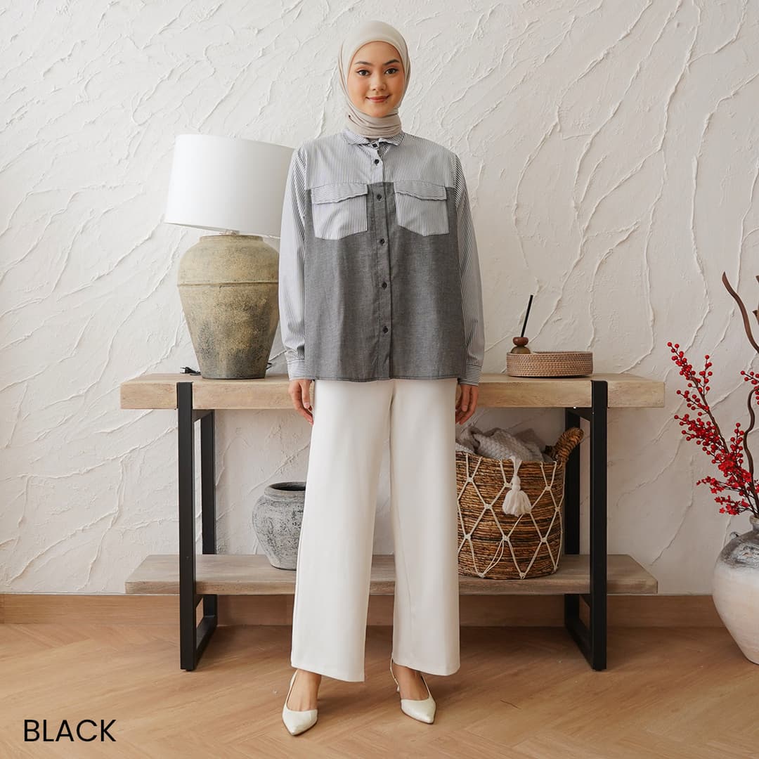 Kemeja Garis Oversized Kombinasi Denim Yoki