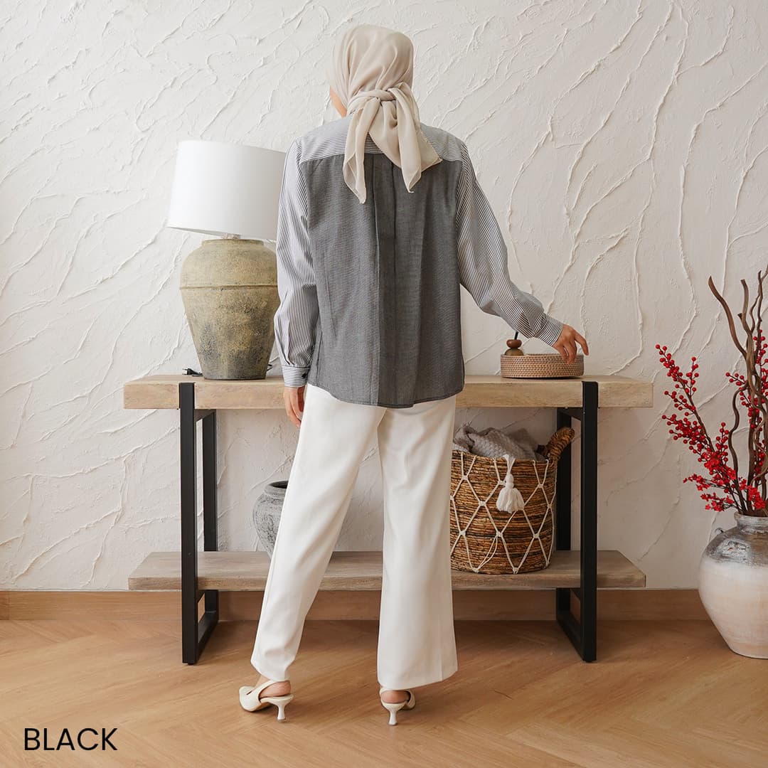 Kemeja Garis Oversized Kombinasi Denim Yoki